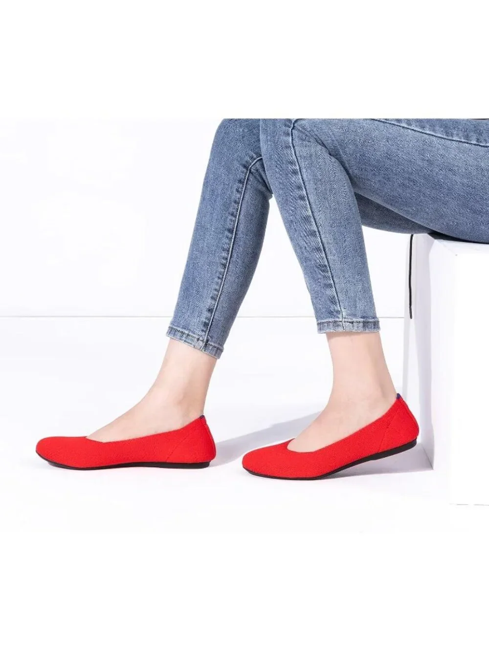 Women's Bright Red Round Toe Low Wedge Slip On Soft Ballerina Ballet Flat Shoes